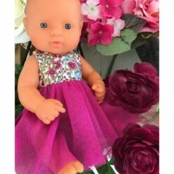 Tailoring For Miss Polly - Dress Set To Suit 32cm Miniland Doll - Wild Flowers In Fuchsia With Tulle