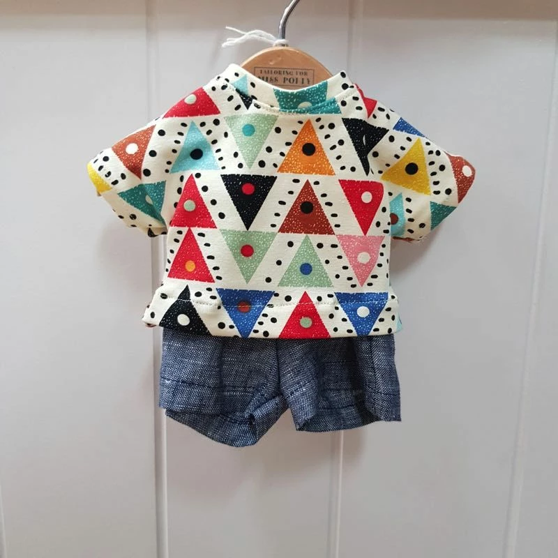 Tailoring For Miss Polly - Shorts Set To Suit 32cm Miniland Doll - Triangle T And Dark Denim Shorts 3 Tailoring For Miss Polly - Shorts Set To Suit 32cm Miniland Doll - Triangle T And Dark Denim Shorts