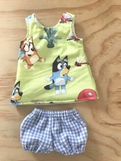 Tailoring For Miss Polly - Dress Set Pinny To Suit 38CM Miniland Doll - Bluey Outdoors