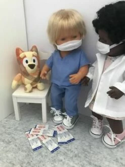 Tailoring For Miss Polly - Doll Trousers Set To Suit 38cm Miniland Doll - Scrubs Blue -Tiny Creations Shop tfmp 38cm bluescrubs 3