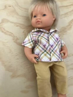 TAILORING FOR MISS POLLY - TROUSERS SET TO SUIT 38CM MINILAND DOLL - PURPLE AND MUSTARD PLAID -Tiny Creations Shop tfmp 38mustard purpleplaid 2