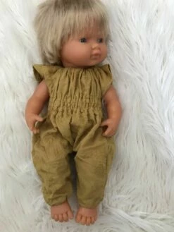 TAILORING FOR MISS POLLY - JUMPSUIT TO SUIT 38CM MINILAND DOLL - MUSTARD EMBROIDERED -Tiny Creations Shop tfmp 38mustardjumpsuit 3