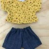 TAILORING FOR MISS POLLY - SHORTS SET TO SUIT 38CM MINILAND DOLL - MUSTARD MULTI COLOUR BLOBS AND DARK DENIM SHORTS -Tiny Creations Shop tfmp 38mustardshortsset 1