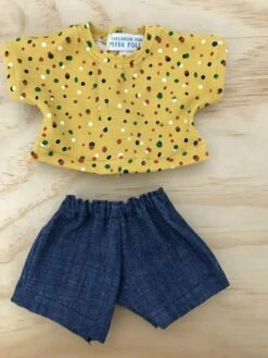 TAILORING FOR MISS POLLY - SHORTS SET TO SUIT 38CM MINILAND DOLL - MUSTARD MULTI COLOUR BLOBS AND DARK DENIM SHORTS