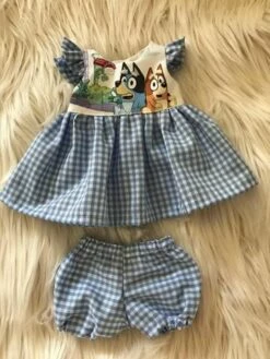 Tailoring For Miss Polly - Dress Set To Suit 38CM Miniland Doll - Bluey Waiting For Mail -Tiny Creations Shop tfmp blueywaitingformail38cm 1